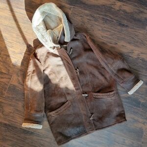 vintage brown shearling wool heavy car coat duffle toggle hooded oversized 90s